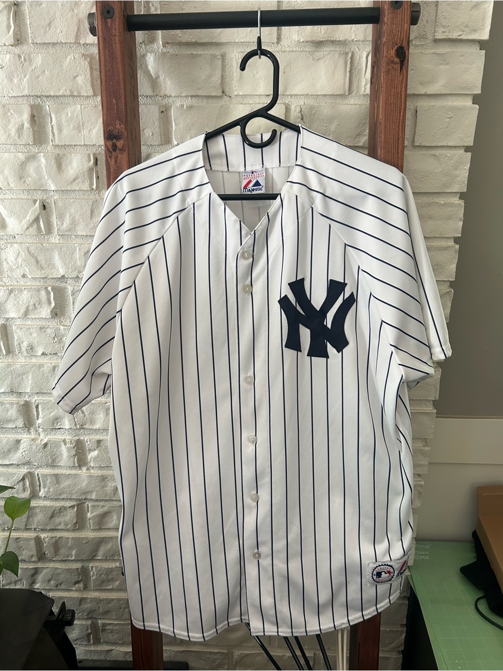 vintage Majestic MLB New York Yankees white and blue pinstripe baseball jersey